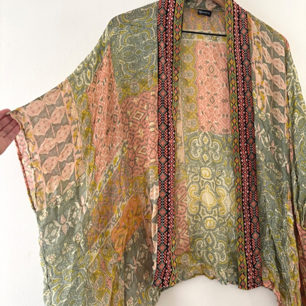 Dupatta Boho Kimono Cardigan Sage Green Coral Paisley Open Front 
Wrap Artsy